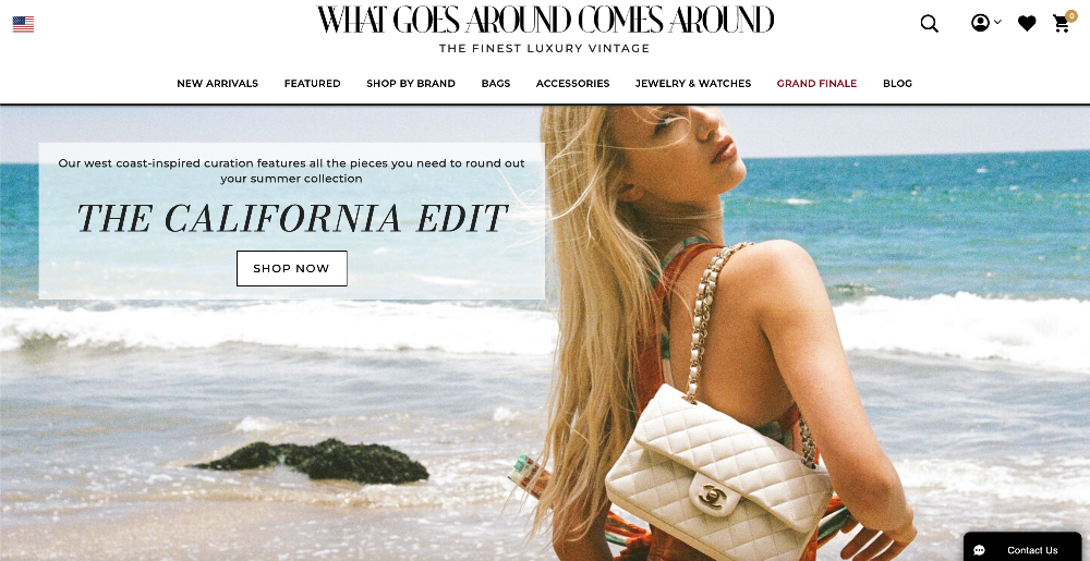 A screenshot of What Goes Around Comes Around's homepage