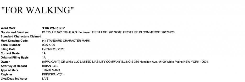 Off-White's For Walking trademark application 
